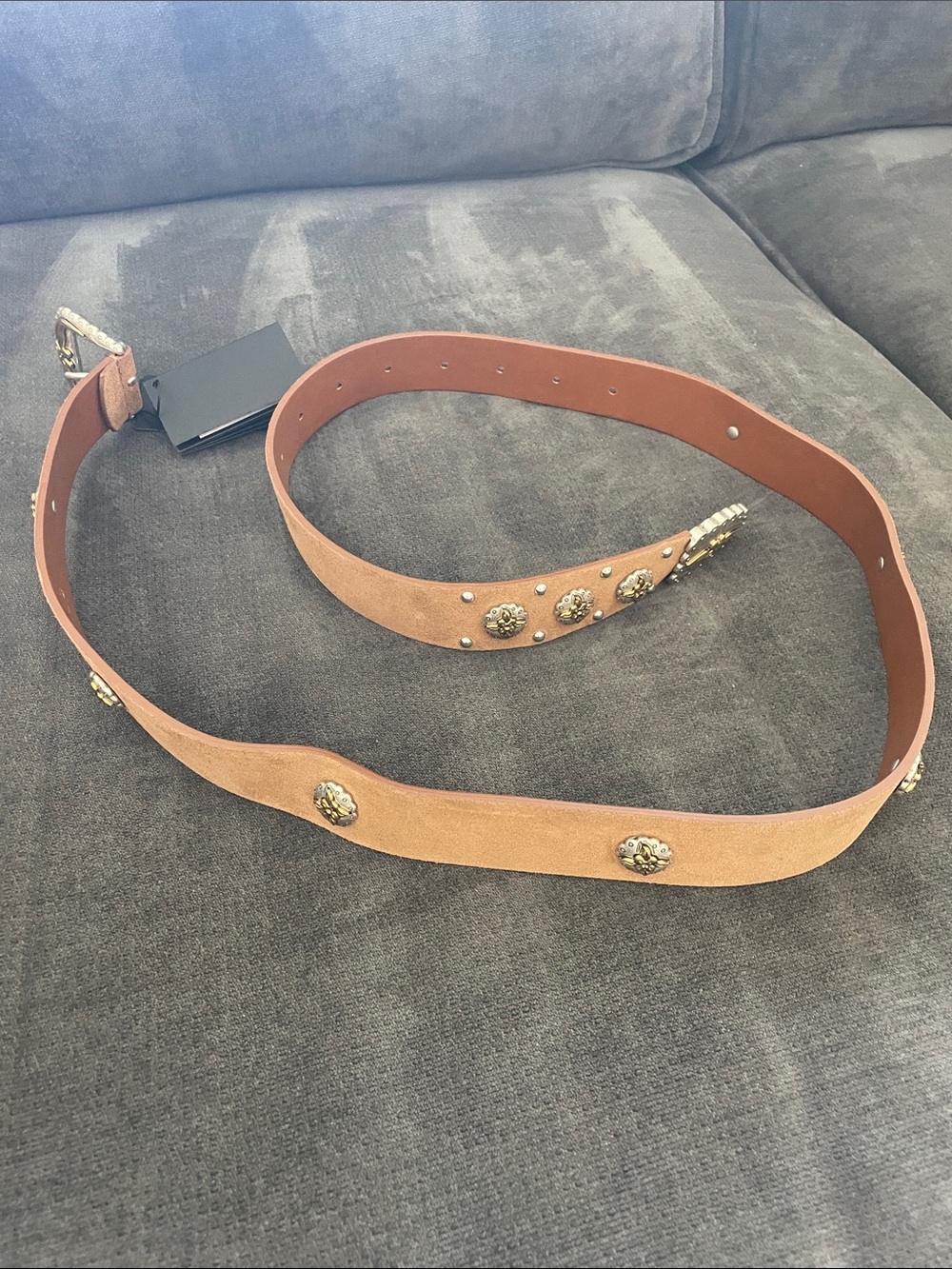 Maje Tan Suede Belt with Gold Conchos